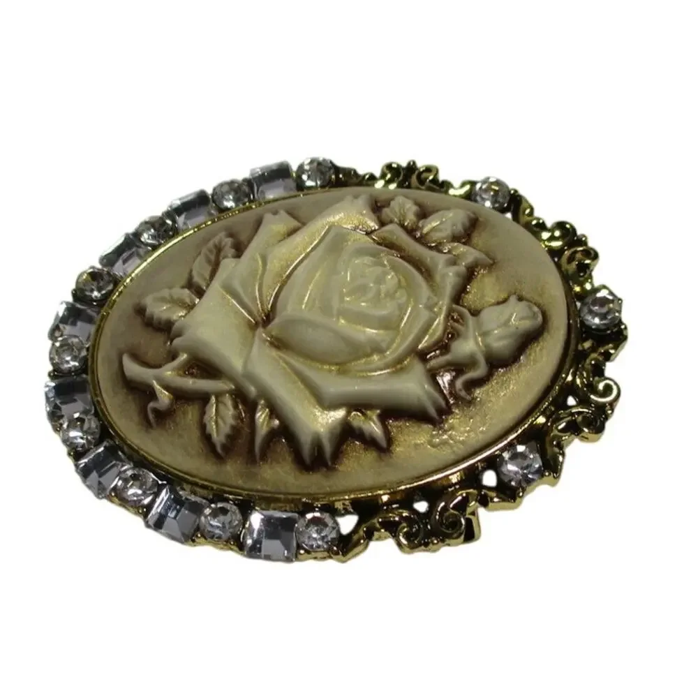 Vintage Style Cameo Rose Gold Tone Rhinestone Brooch Pendant Combo